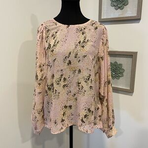 Hope & Harlow Pink & Brown Abstract Print Sheer Blouse With Balloon Sleeves EUC